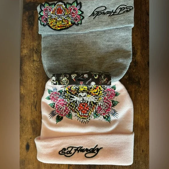 Ed Hardy | Accessories | Ed Hardy Pink And Gray Beanie Set  display picture 3